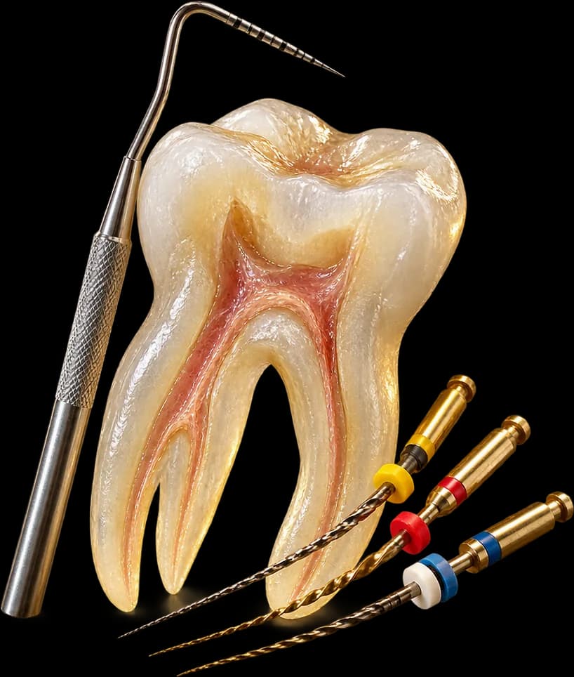 EndoX clinical composition showing complex tooth anatomy, endodontic files, and a periodontal probe