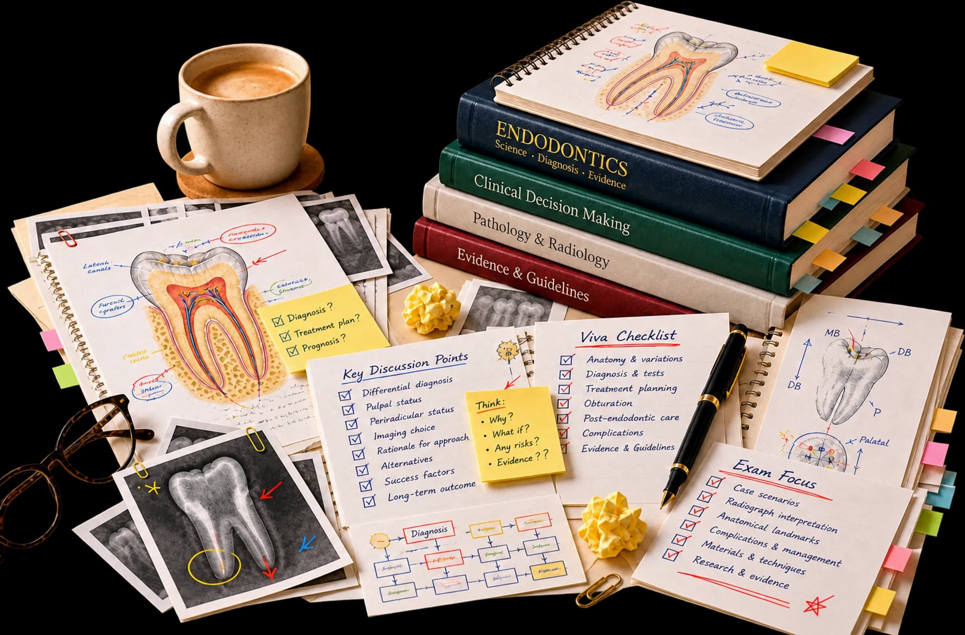 MEndo specialty exam preparation materials with revision papers, viva checklists, case notes, and radiographs